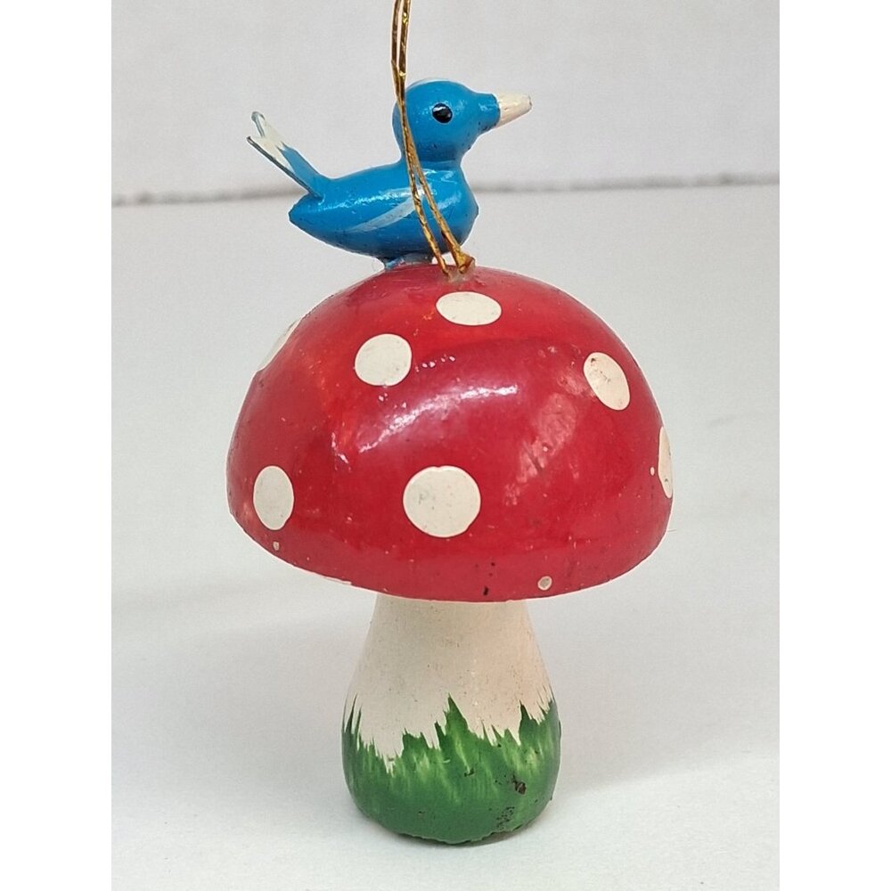 Vintage Mushroom w Bird Wood 1970s Ornament Taiwan Whimsical Retro